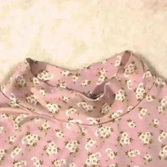 COTTAGECORE Stretchy Mock Neck Short Sleeve Pink Floral Print Top Women Small - Picture 4 of 10